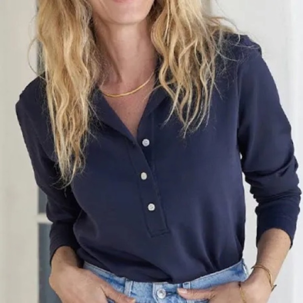 AYR Navy Blue Button-Down Long Sleeve Polo Shirt